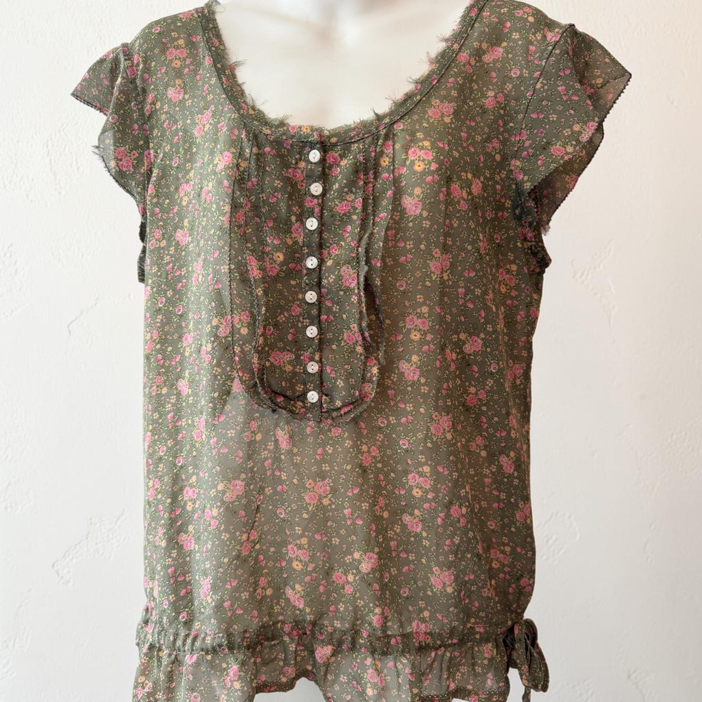 Mudd Size XL Cap Sleeve Top Green Floral Sheer Cottage Y2K Retro Romantic Earthy